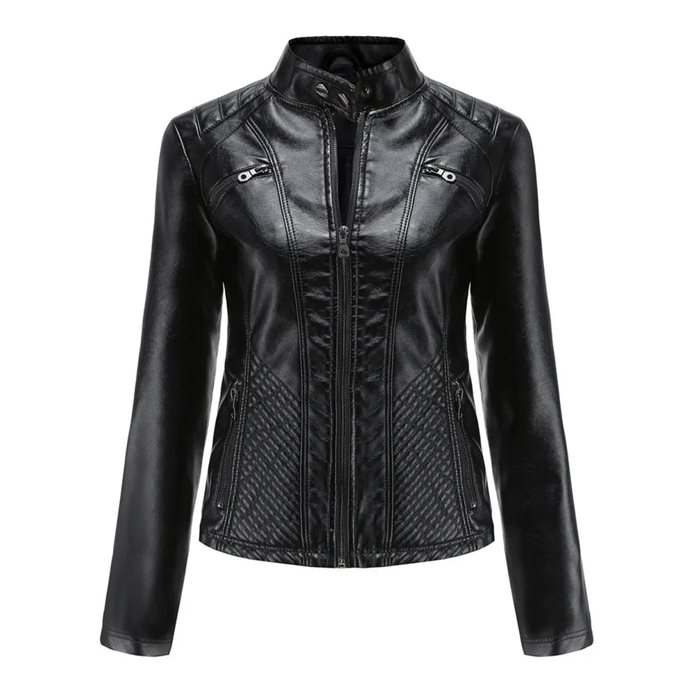Emilienne - Women's Cropped Biker Faux Leather Jacket