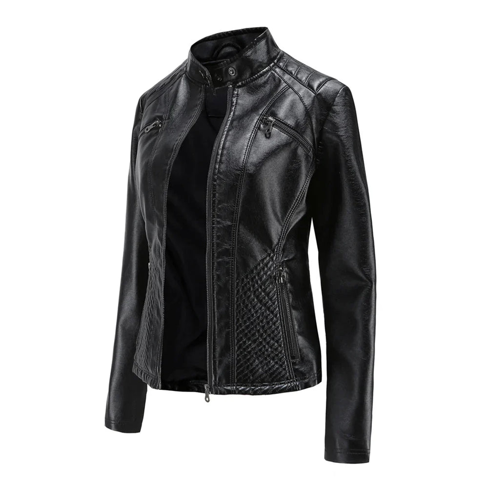 Emilienne - Women's Cropped Biker Faux Leather Jacket