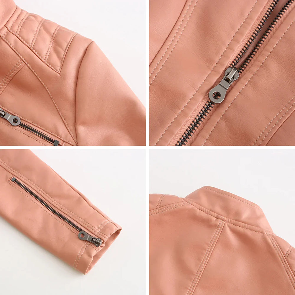 Emilienne - Women's Cropped Biker Faux Leather Jacket