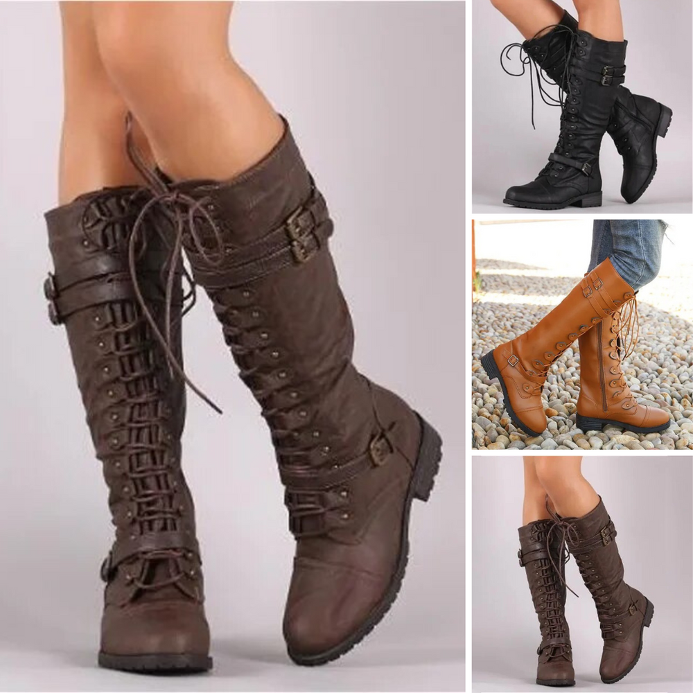 Marguerite - Women's Lace Up Combat Knee High Boots