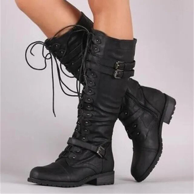 Marguerite - Women's Lace Up Combat Knee High Boots
