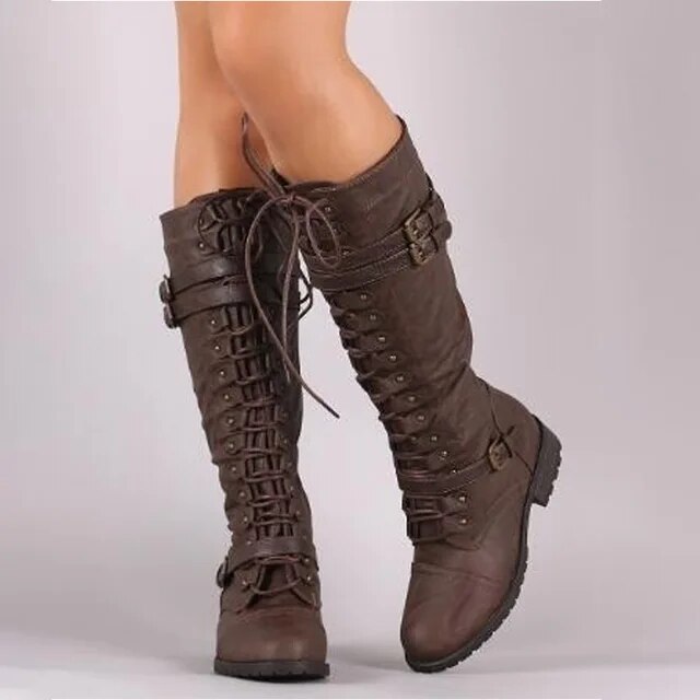 Marguerite - Women's Lace Up Combat Knee High Boots
