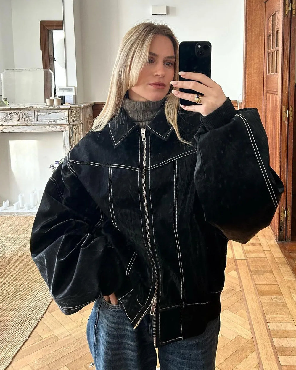 Yvette - Women's Oversized Biker Faux Leather Jacket